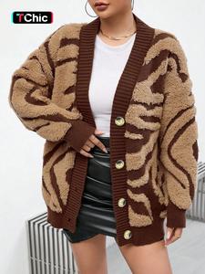 women's colorblock jacquard button front fuzzy cardigan, casual chic drop shoulder long sleeve v neck sweater cardigan for fall & winter, women's knit clothing for daily wear