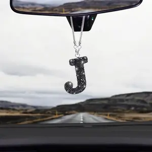 Car Rear View Mirror Hanging Lucky Crystal Pendant-Black Bling Rhinestone Charm Auto Decoration for Women (Black, J)