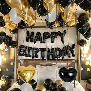 51pcs Birthday Decoration Balloon Set, Balloon Garland, Balloon Arch - Black 'Happy Birthday' Banner, Golden And Black Latex Balloons, Black And Golden Heart-Shaped Foil Balloons, Suitable for Birthday Parties And Festive Decorations
