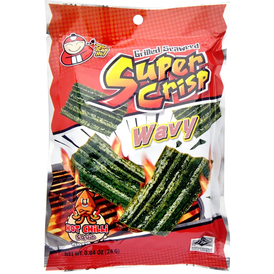 Taokaenoi Imported Roasted Wavy Seaweed Snack - 24g, Low Calorie, Crunchy, Savory Spicy Hot Chili Squid Flavor, Ambient Grilled Food Treat for Watch Parties