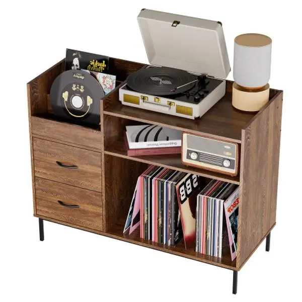 Bellemave Mid-Century Modern Turntable Record Player Stand - Media Cabinet, TV Stand with Storage, Vinyl Racks, Adjustable Shelves, 350+ Album Capacity, Wood Grain, Steel Legs, Speaker Shelf, 2 Drawers, 27.6in Home Studio Furniture, Some Assembly Required