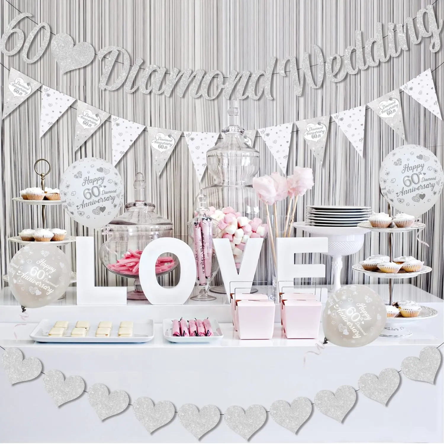 1Set 60th Anniversary Decorations  Diamond Wedding Glitter Banners Bunting Flag and Balloons for Party Supplies