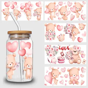 5 Sheets Valentine's Day UV DTF Cup Stickers, Glass Sports DTF Transfer Stickers, Waterproof Vegetable Wipe Transfer Paper for 16 oz Glass, Mug, Crafts, Furniture
