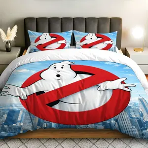 3PCS Duvet Cover Set, 1 Duvet+2 Pillowcases(Without filler), Retro Movie Theme, Halloween Bedding Set, Ghostbusters Logo Suitable for decoration Bedroom, Guest Room, Hotel, Lounge.