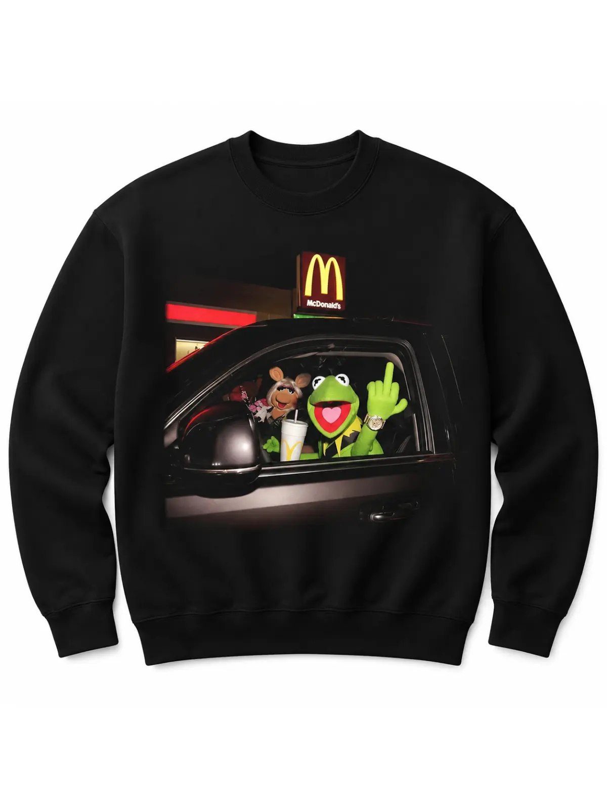 Kermit And Miss Piggy Donalds Drive Thru Meme Sweatshirt, The Muppets Funny Fast Food Night Ride Scene, Viral Pop Culture Humor Shirt For Fans And Collectors, Unisex Cotton Crewneck T-Shirt Menswear Womenswear Streetwear Top