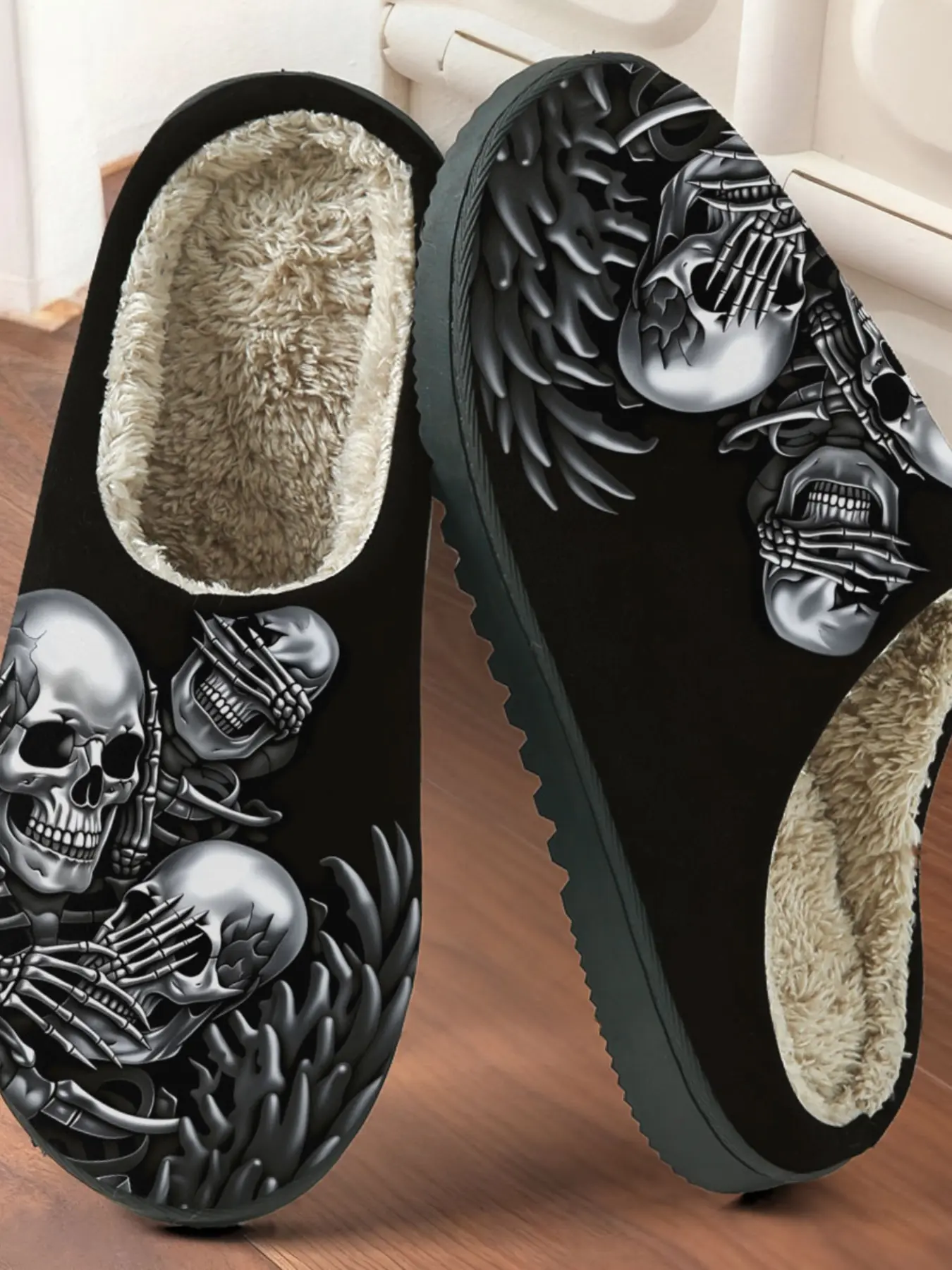 Men Women Dark Skull Printed Cotton House Slippers, Non Slip Slippers, Warm Soft Textile Lining Anti-Slip Thick Rubber Sole, Casual Home Wear Vintage Fall Winter Shoes
