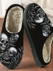 Men Women Dark Skull Printed Cotton Slippers, Warm Soft Textile Lining Anti-Slip Thick Rubber Sole, Casual Home Wear Vintage Fall Winter Shoes
