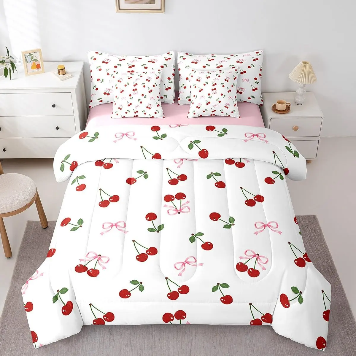 Feelyou 7-Piece Watercolor Bows & Cherry Printed Bedding Set - Soft Warm Blanket, Breathable Comforter, Sheets, Pillowcases Included (Feel Cosy, Comfy, Artwork, Distinctive Pattern Collections)