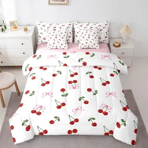 Feelyou 7-Piece Watercolor Bows & Cherry Blanket Bedding Set - Breathable, Soft Comforter, Sheet Set, Pillowcases, and Blanket Included