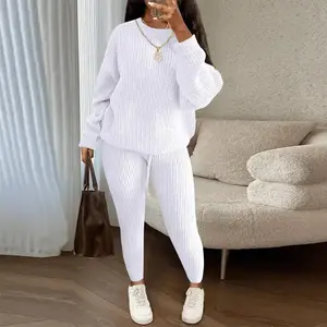 Women’s Cozy Knitwear 2-Piece Set – Solid Color Drop-Shoulder Sweater & Drawstring Pants, Casual Loose-Fit Outfit for Everyday Wear in Autumn and Winter