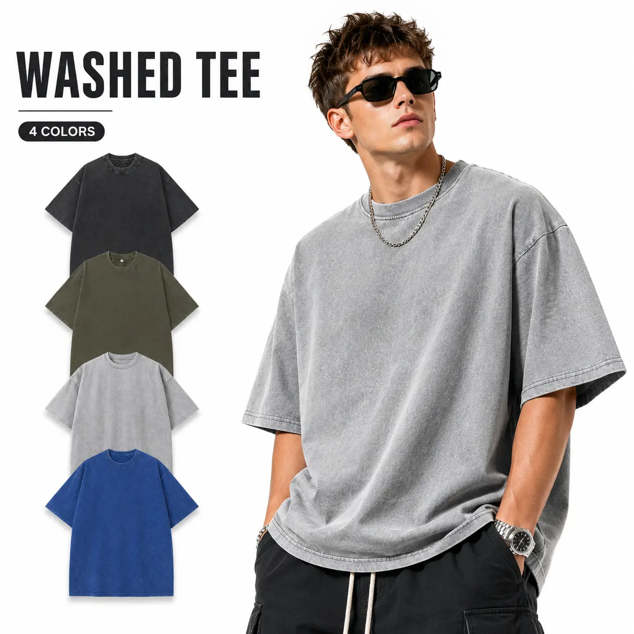 Men's retro washed oversized T-shirt, loose-fitting, drop-shoulder, crew neck, short-sleeved T-shirt, street style textured basic top, suitable for summer wear, casual washed T-shirt, versatile for everyday wear. Grey Vintage