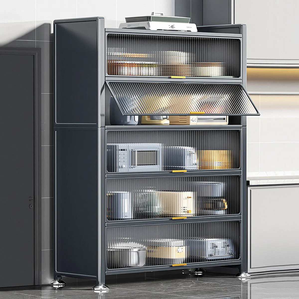 Joybos 6 Tier Kitchen Storage Pantry Cabinet Microwave Cabinets Bakers Rack Sideboard  Quick Assembly Cupboard Shelf 69'' Tall Grey with Door