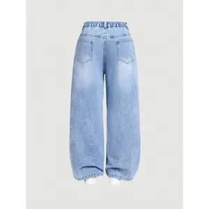 Women’s Plus Size Casual Loose Wide-Leg Black Jeans, Fabric Fit, Viscose, Zipper