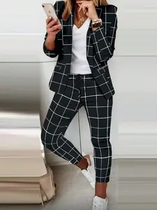 Elegant Casual Knitted Suit Plaid Set, Women's Stylish Drawstring Waist Pants, Perfect for Daily Wear, Comfortable and Trendy, Ideal for All Seasons
