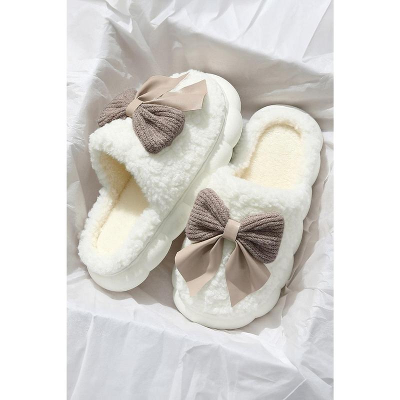 White Contrast Bowknot Applique Plush Winter Slippers (Colors May Differ by Batch)