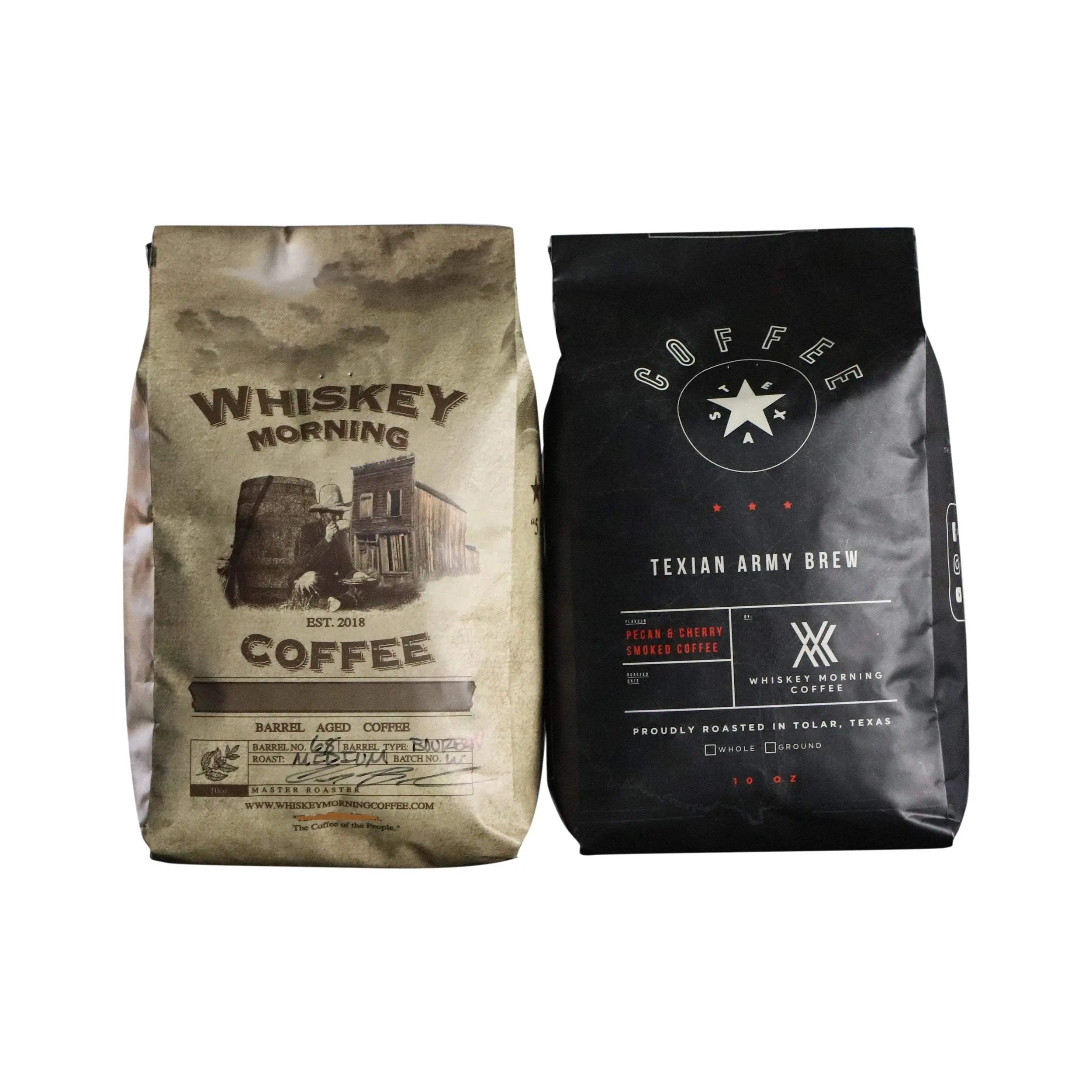 Whiskey Morning Coffee Combo - BBQ Coffee & Whiskey Flavored, Made in Texas - Ground/Bean