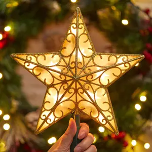 Christmas Star Tree Topper, Plug in Sliver Glittered 3D Star Tree Topper, Metal Hollow Designed Built-in 10 Bulbs String Lights for Indoor Office Christmas New Year Holiday Tree Decoration Ornaments