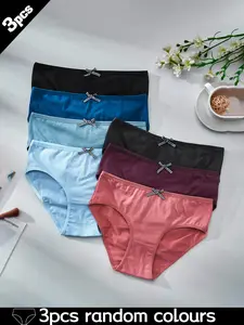 Women's Cotton Low-Waist Triangle Panties Set, Breathable Bowknot Design, Comfortable Plain Style Underwear, Random Colors, Pack of 3, Underwear Sets