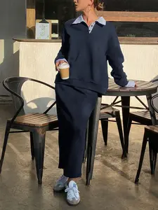 Women's New Striped Sweatshirt Set, Spring & Fall Casual Half Skirt Set, Fitted Plain Pattern, 2 Piece