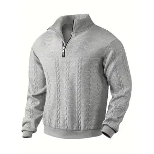 Soft Polyester Blend Cable Knit Sweatshirt - Men's Vintage-Inspired Long Sleeve Quarter Zip Pullover - Machine Washable for Fall & Winter