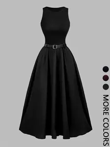 Women's Mid-Length Dress, Sleeveless Bodycon Tank Top, Patchwork Flared Skirt with Belt, A-Line Dress with Waistband