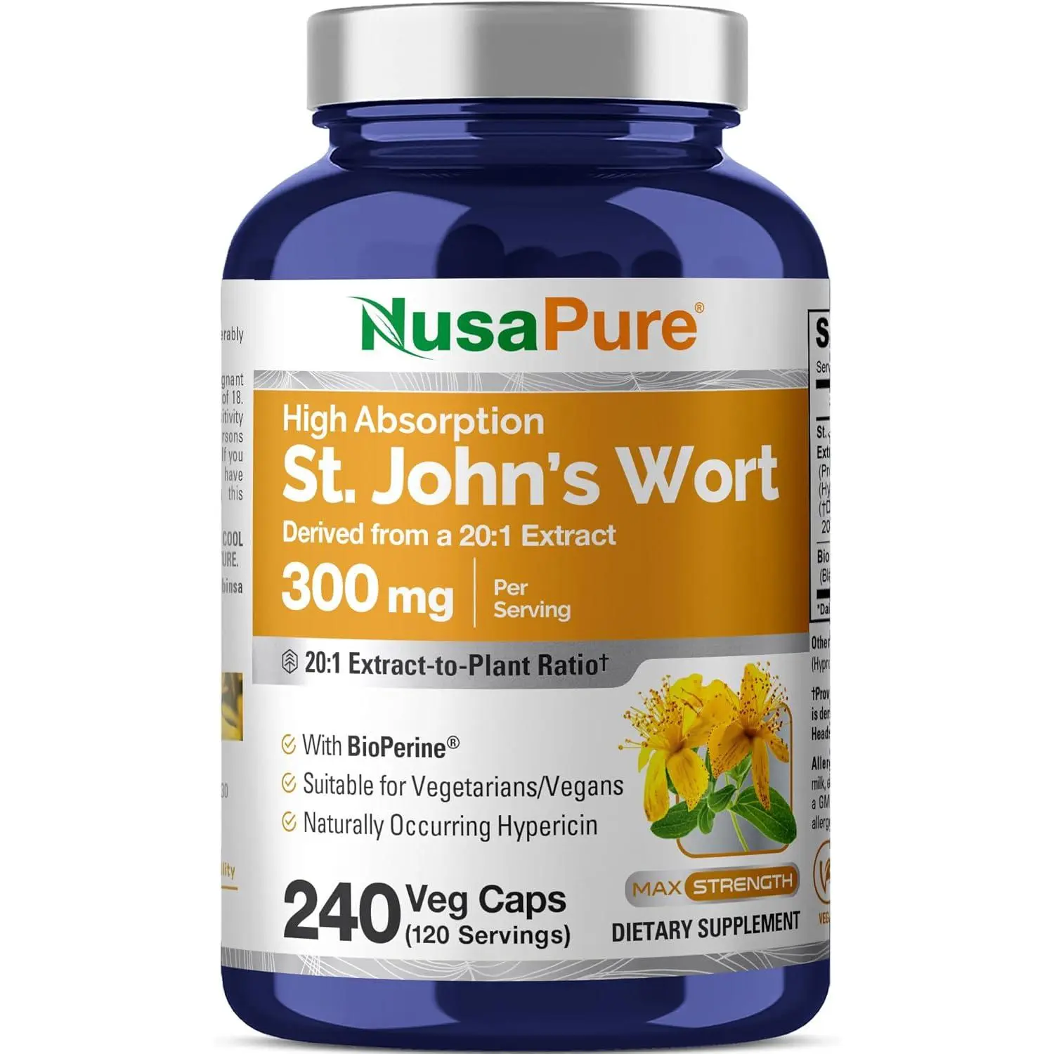 NusaPure Natural St. John's Wort 20:1 Extract Capsules - 300mg, 240 Caps, Vegan & Non-GMO Brain Health Supplements, Mood Boost, Sleep Support, Anxiety Management, Bioperine-Infused Herbal Formula, Daily Nutrition