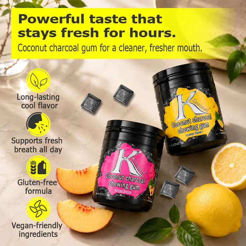 KINNSWEET Daily Care Coconut Charcoal Gum - Natural Mint, Coconut, Peach & Lemon Flavors, Breath-Refreshing Oral Care Fruit Snack for Travel, Work, Dual Storage in Cupboards