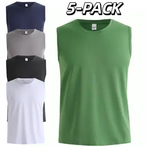 5 Piece Men's Solid Color Basic Crew Neck Sleeveless T-shirt Summer Cool Vest for Fitness Running Training and Outdoor Hiking Vest Sports Clothing Sporty Cami Top