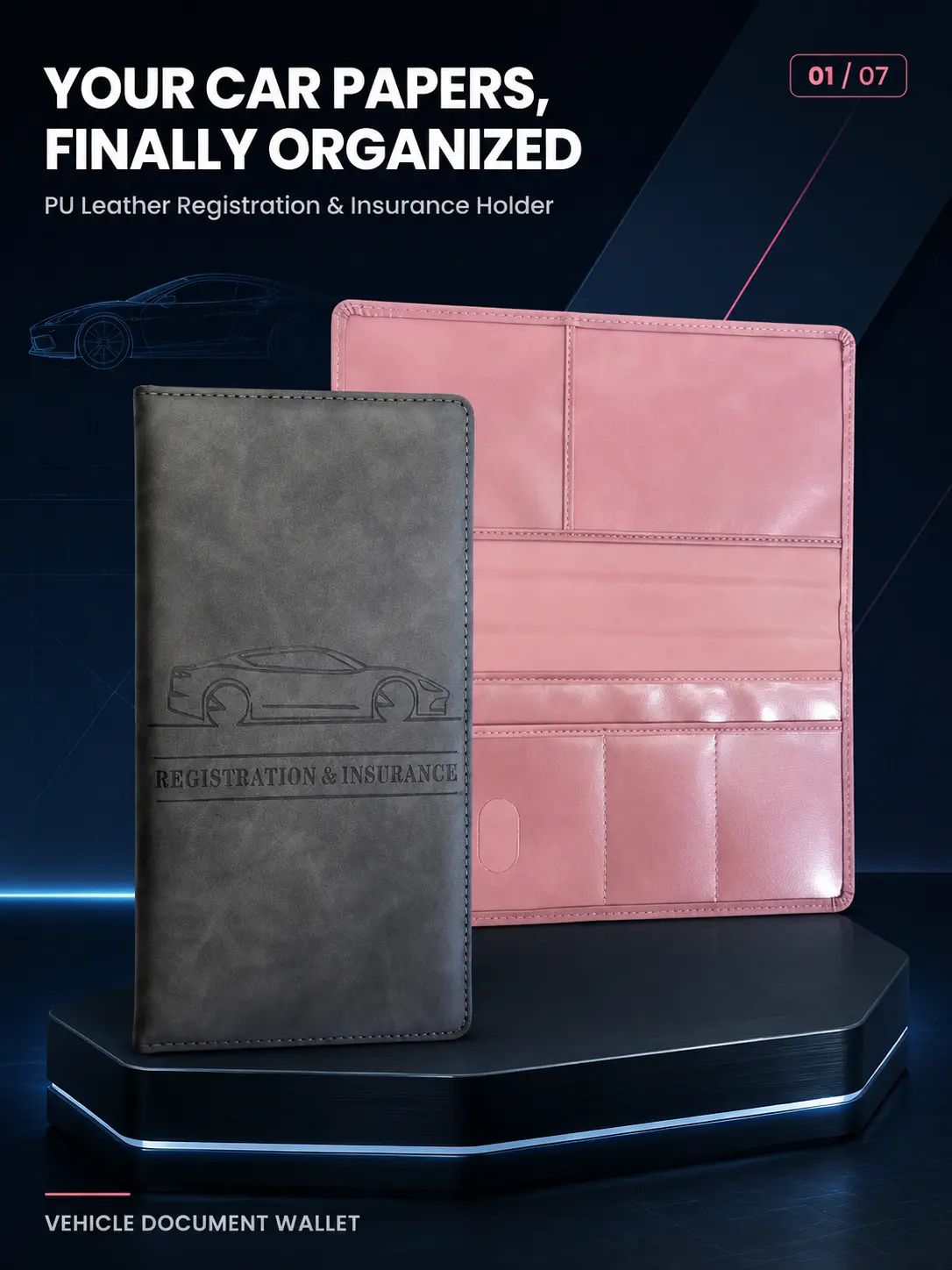 Basic Chic Car Registration & Insurance Holder - Slim PU Leather Car Interior Stowing Organizer, Clear-Pocket Wallet for Vehicle Documents & Cards