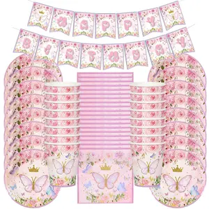 Pink Butterfly Party Disposable Tableware Set Paper Plate Cup Kids 1st Happy Birthday Party Decoration Supplies Baby Shower Girl