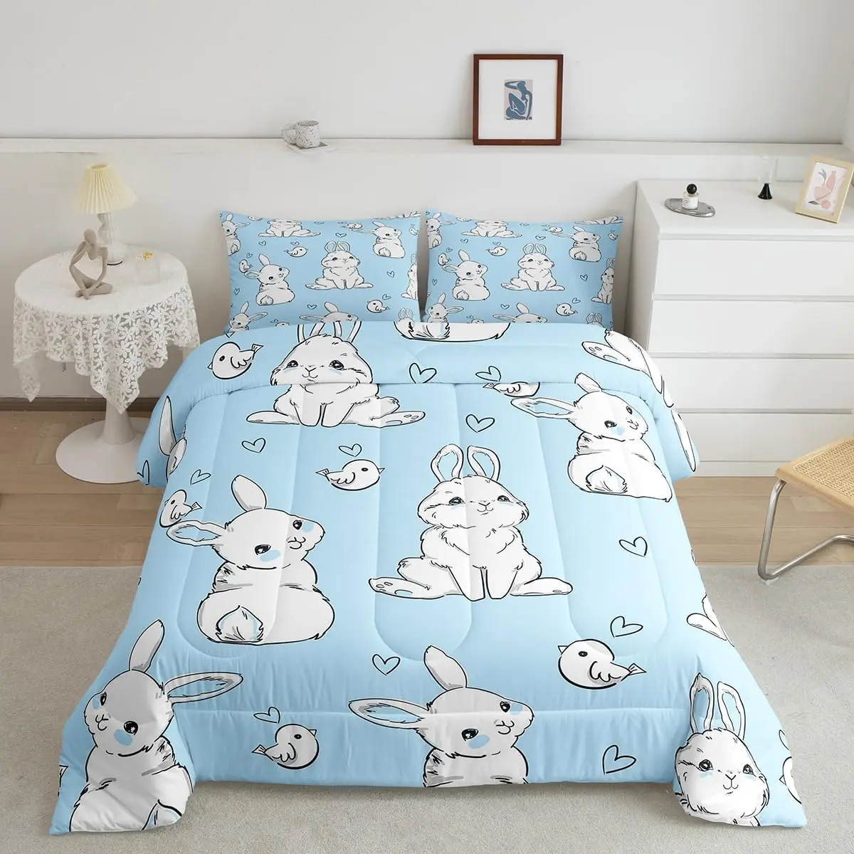 Feelyou Luxury Soft Bedding Set - Twin, Full, King Sizes, Toddler Girl Bedding, Cartoon Animal Rabbit Heart Watercolor Design, Breathable Fabric Sheets & Duvet for Bedroom Decor, Toddler Girl Bedding Set, Cartoon Pattern Blanket