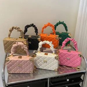 Quilted PU Leather Crossbody Bags with Bow Women's Chain Strap Shoulder Bags with Top Pleated Handle for Travel & Party