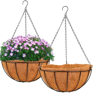 Basket Planter  Outdoor - 2 Pack 12 Inch Metal  Planter with Coco Liners, Chain Hook  Flower Pots for Indoor Outdoor Garden Porch Decoration