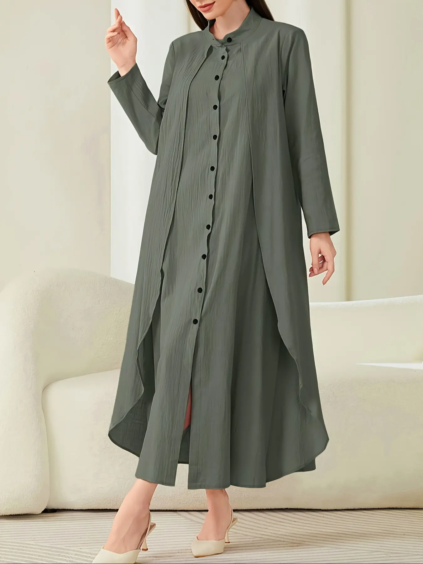 Women's Plain Loose Arab Woven Dress with Button Front Closure, Elegant Bohemian Long Sleeve Maxi Dress, Casual Wear, Casual Fashion for All Seasons, Womenswear