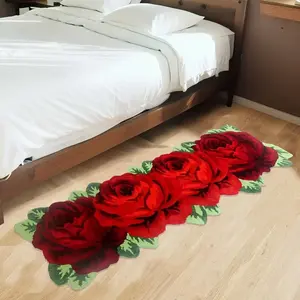 4 Rose Rug Floor Runner Handmade Rug Blue Floral Mats Anti-Slip(Non-Slip) Modern Carpet Washable Floor Mats for Bedroom/Sofa/Bathroom (4 Roses Runner, Red) long floor carpet