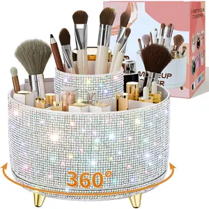 Bling  Makeup Brush Holder, 360? Rotating Makeup Organizer, 5 Slot Make up Brushes Cup for Countertop, Storage for  Pen Eyeliner Skincare on the Vanity (( white AB)