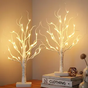 PEIDUO Birch Tree for Christmas Decorations with Timer 24 LED Warm White Lights Artificial Tree Lights for Indoor Tabletop Christmas Home Decor 2PK