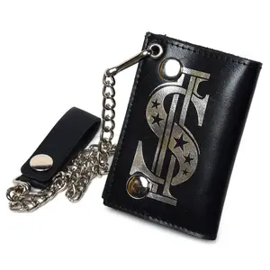 Leatherboss Genuine Leather Men Dollar Print Trifold Wallet Chain Biker