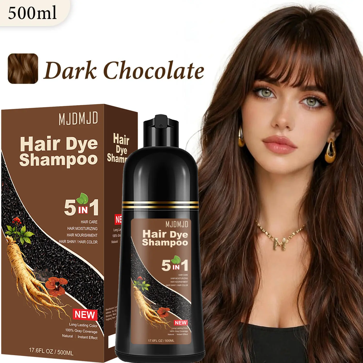 Instant Hair Dye Shampoo 3-in-1 for Gray Coverage, Natural Dark Chocolate Hair Color Shampoo for Women & Men, Colors in Minutes, Gentle Conditioning & Easy At-Home Use, 500ml
