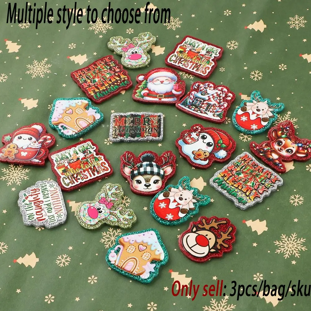 3 Piece Glitter Resin Acrylic Flat Back Charms, Christmas Theme Reindeer Santa Claus Words, DIY Craft Supplies for Badges, Phone Stands, Hair Clips, Diy Craft Embellishments