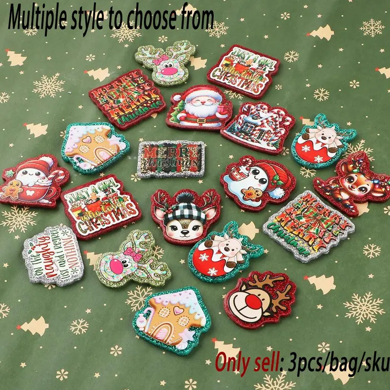 3 Piece Glitter Resin Acrylic Flat Back Charms, Christmas Theme Reindeer Santa Claus Words, DIY With Charms Craft Supplies for Badges, Phone Stands, Hair Clips, Diy Craft Embellishments