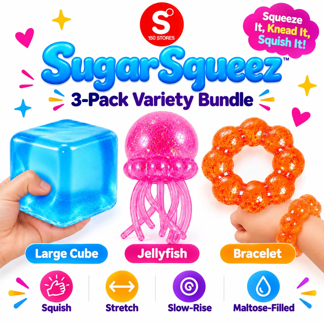 Sugar Squeez 3pack - Jellyfish, Bracelet and Large Cube 3" maltose filled, slow rise, soft squshies