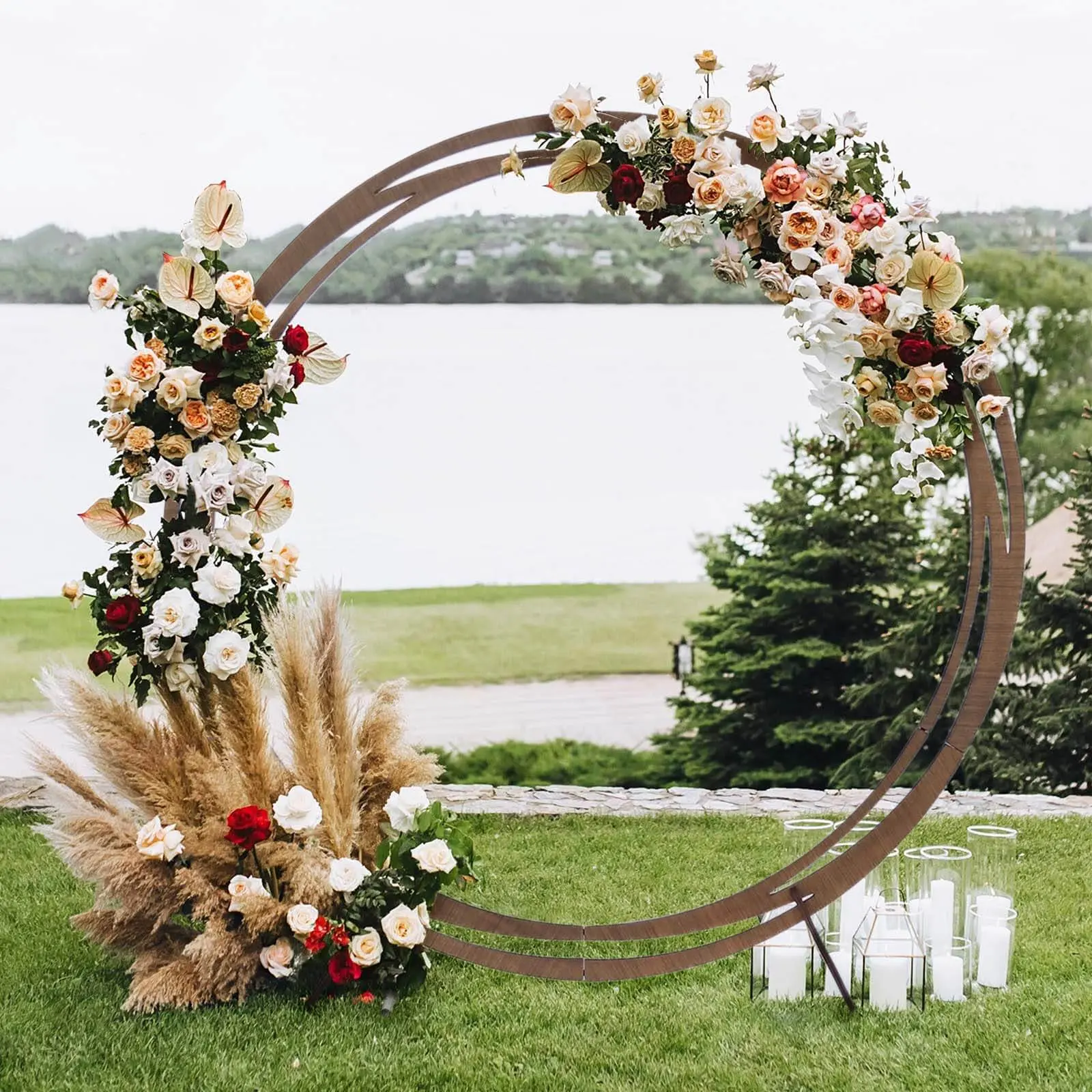 8ft Rustic Natural Brown Wooden Wedding Arch Backdrop Stand - DIY Round Arbor Kit (44 Inches, Arch Only), Festive Event & Party Decor Supply