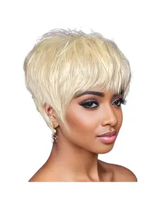 613 Blonde Pixie Cut Wig - Real Human Hair Glueless Short Bob with Bangs, No Glue Wig, Density Straight Layered Unisex Wig, Natural Look & Easy Application, Machine-Made Rose Net for Light Beige Tones, Versatile Everyday & Special Occasion Ha