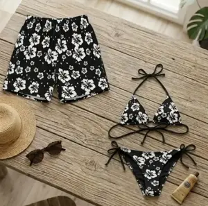 [Hot Summer 2026] - Hawaiian Shorts & Bikini Set – Summer 2026 Couple Matching Black Floral Swimwear