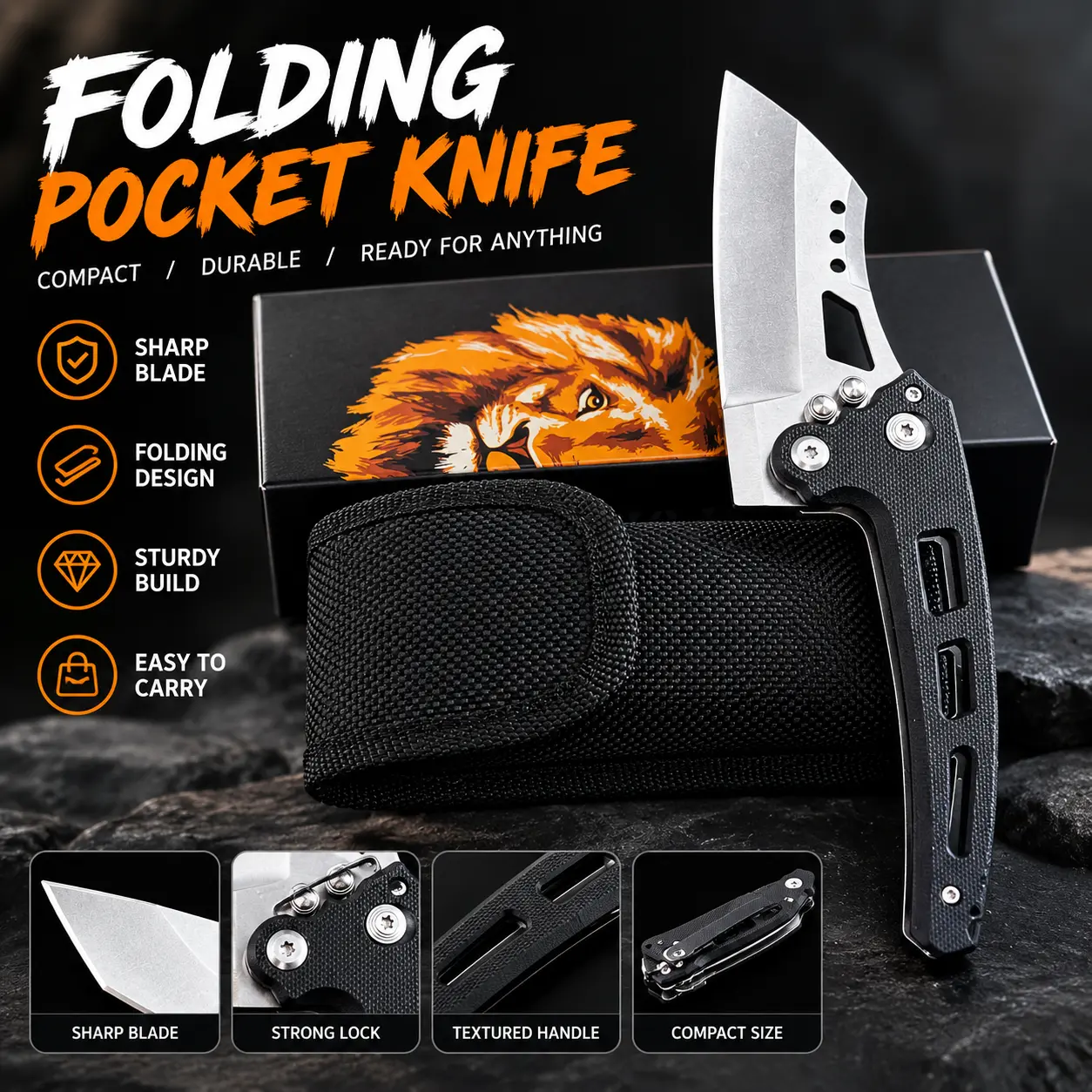 Folding Multi-Function Outdoor Utility Knife, Portable Folding Blade with Textured Handle & Nylon Sheath