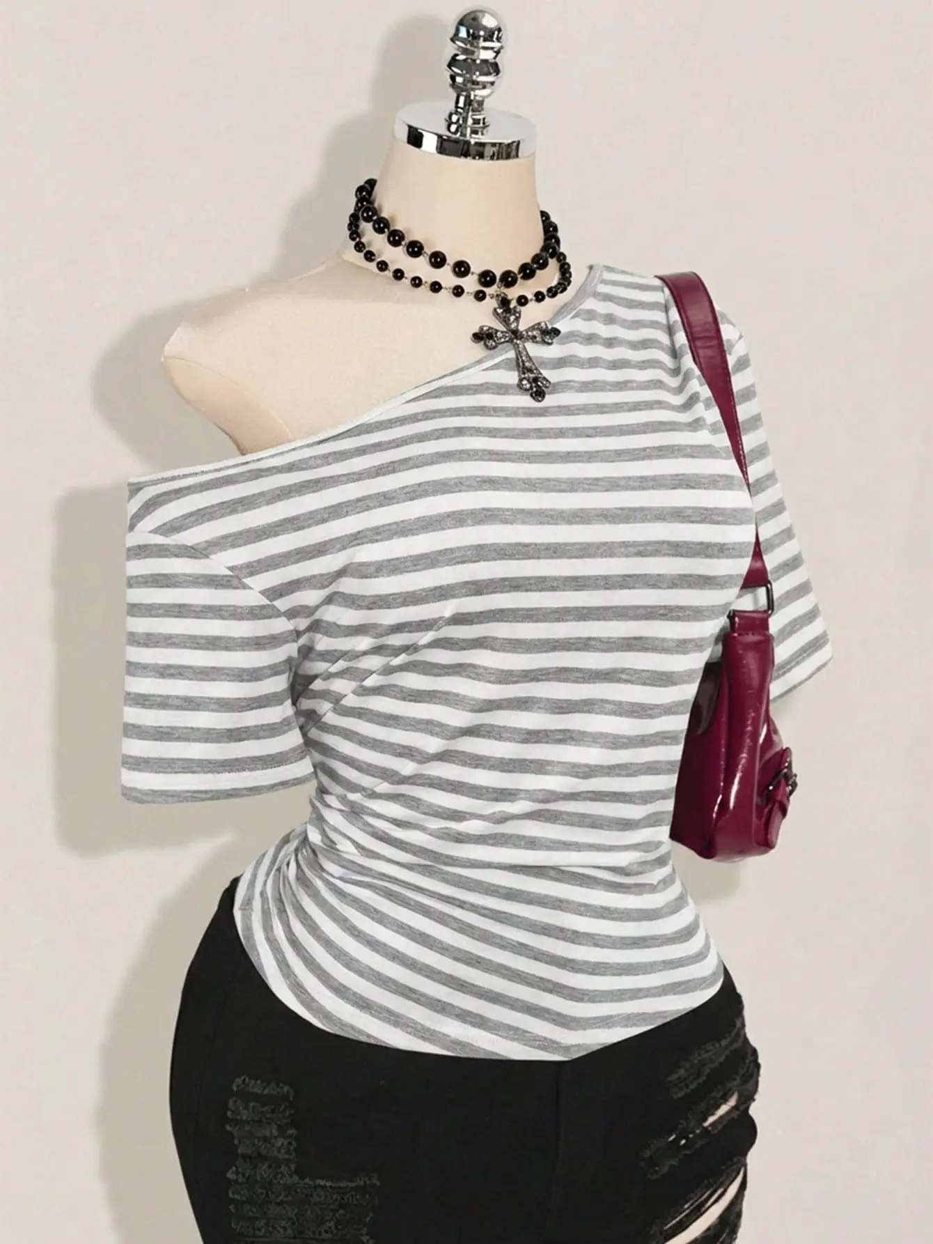 Plus Size Women’s Gray/White Striped Asymmetric One-Shoulder Short-Sleeve T-Shirt, Waist-Ruched Slim Fit Figure-Flattering Hot Girl Style Top