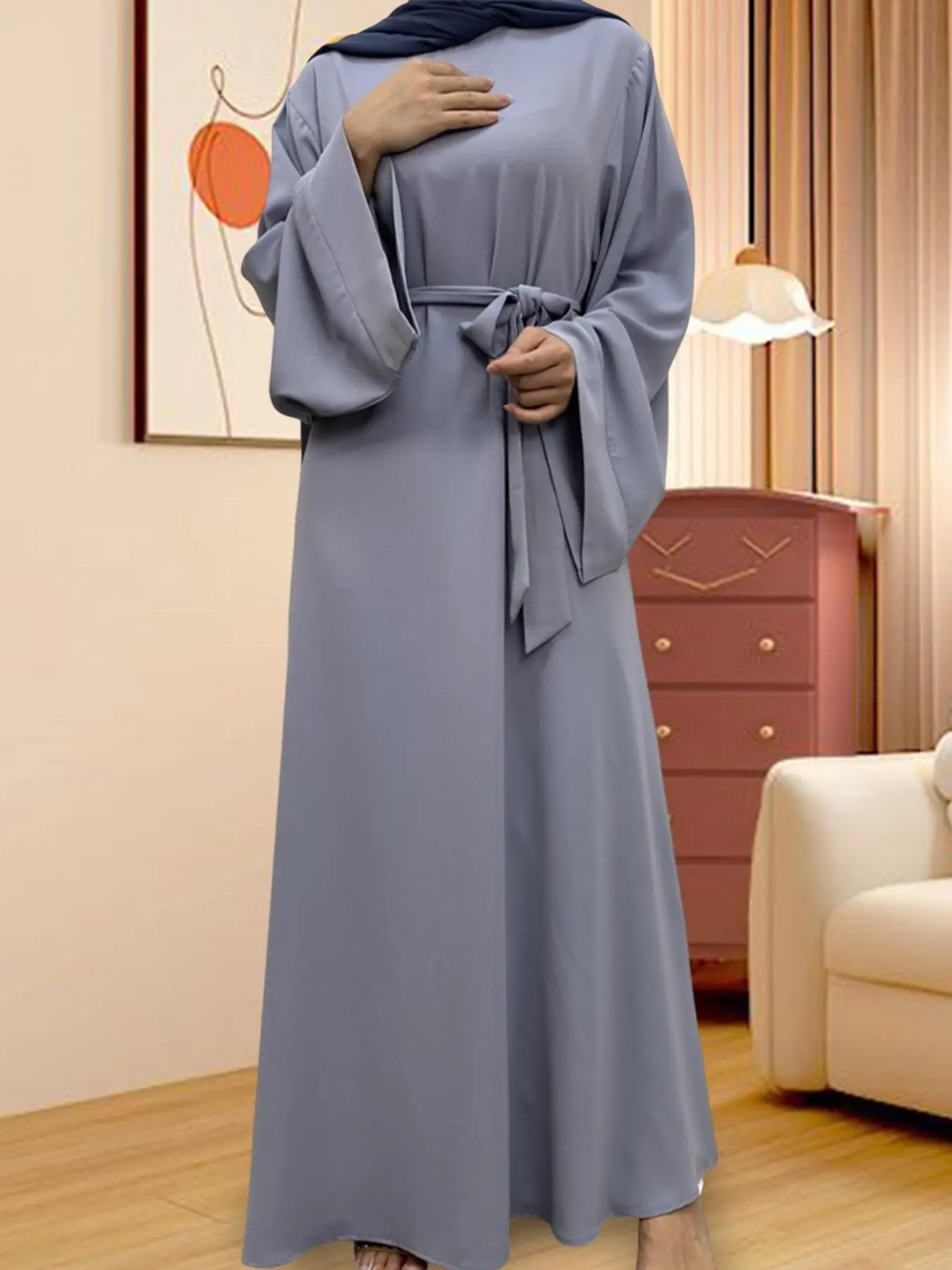 Women's Solid Color Nidaa Fabric Lounge Dress, Casual Comfy Long Sleeve Belted Dress for Daily Wear, Ladies Sleepwear for All Seasons, Kaftan Dress, Tunic Dress, Long Sleeve Dresses