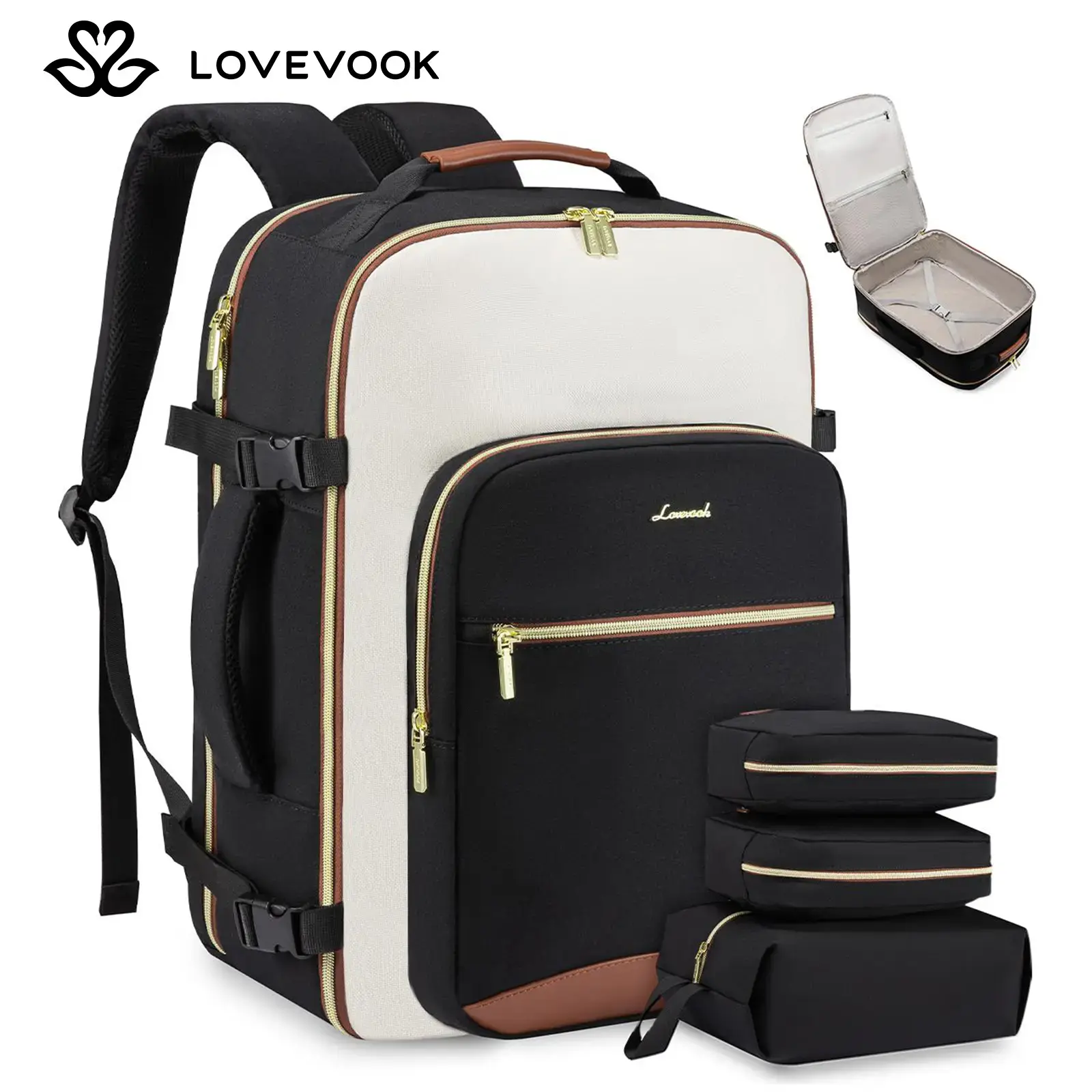 LOVEVOOK Colorblock Carry-On Travel Backpack with 3 Packing Cubes and Laptop Compartment - Personal Item,Tsa-Friendly, Travel Essentials, Airline Approved Travel Bag for Hiking, Weekend, Tiktokshopbacktoschool
