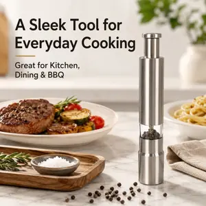 Stainless Steel Manual Pepper Grinder, Push-Button Spice Mill for Black Pepper, Peppercorns & Sea Salt, One-Hand Refillable Kitchen Grinder for Cooking BBQ Dining